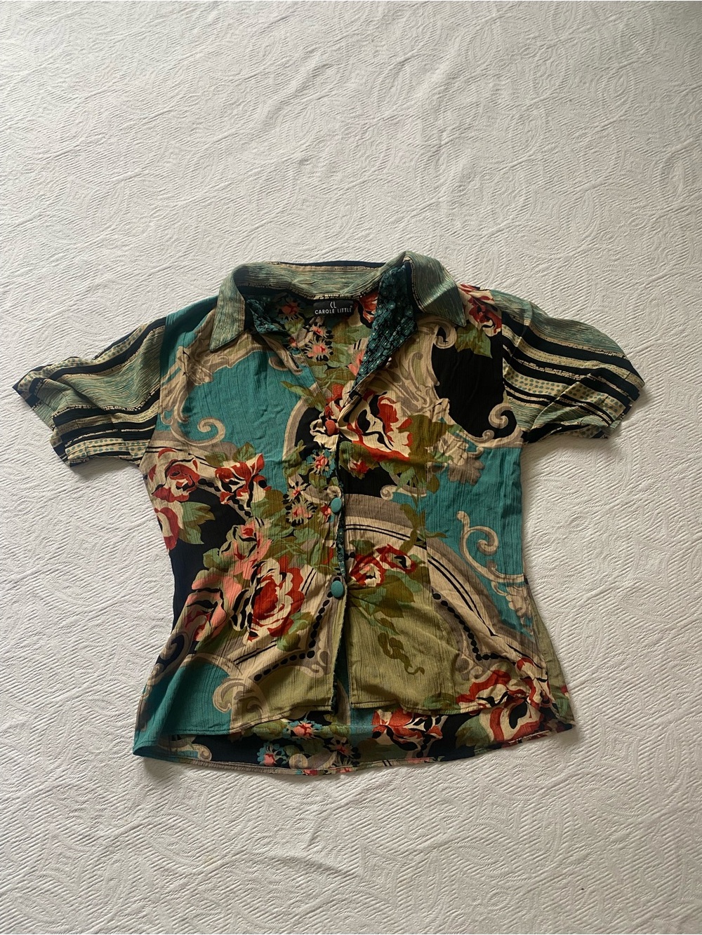 Carole Little Teal, Olive & Red Floral Blouse